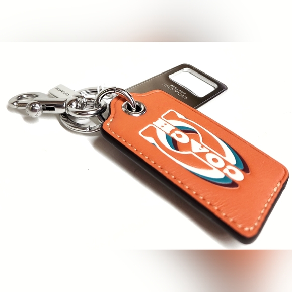 Coach Bottle Opener Key Fob Keychain with Stamp Silver Bright Orange Leather NWT - Picture 9 of 15